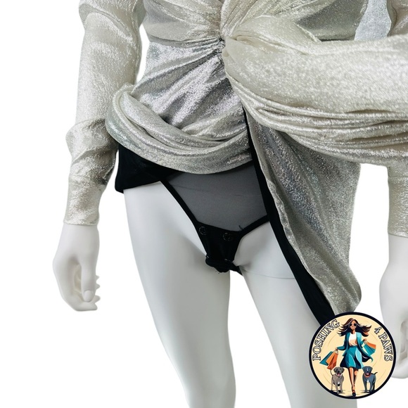 Redemption for FWRD Long Sleeve Metallic Deep V Party Dress in Silver Size XS - Picture 12 of 16